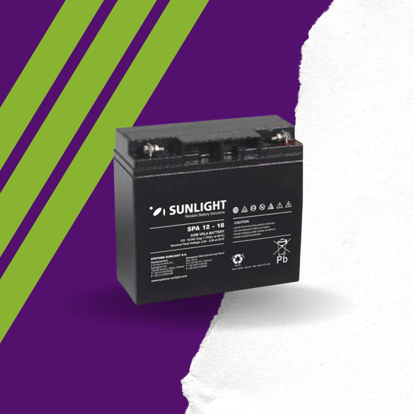 SUNLIGHT SPA 12V-18AH Επαναφορτιζόμενη Μπαταρία Μολύβδου Κλειστού Τύπου